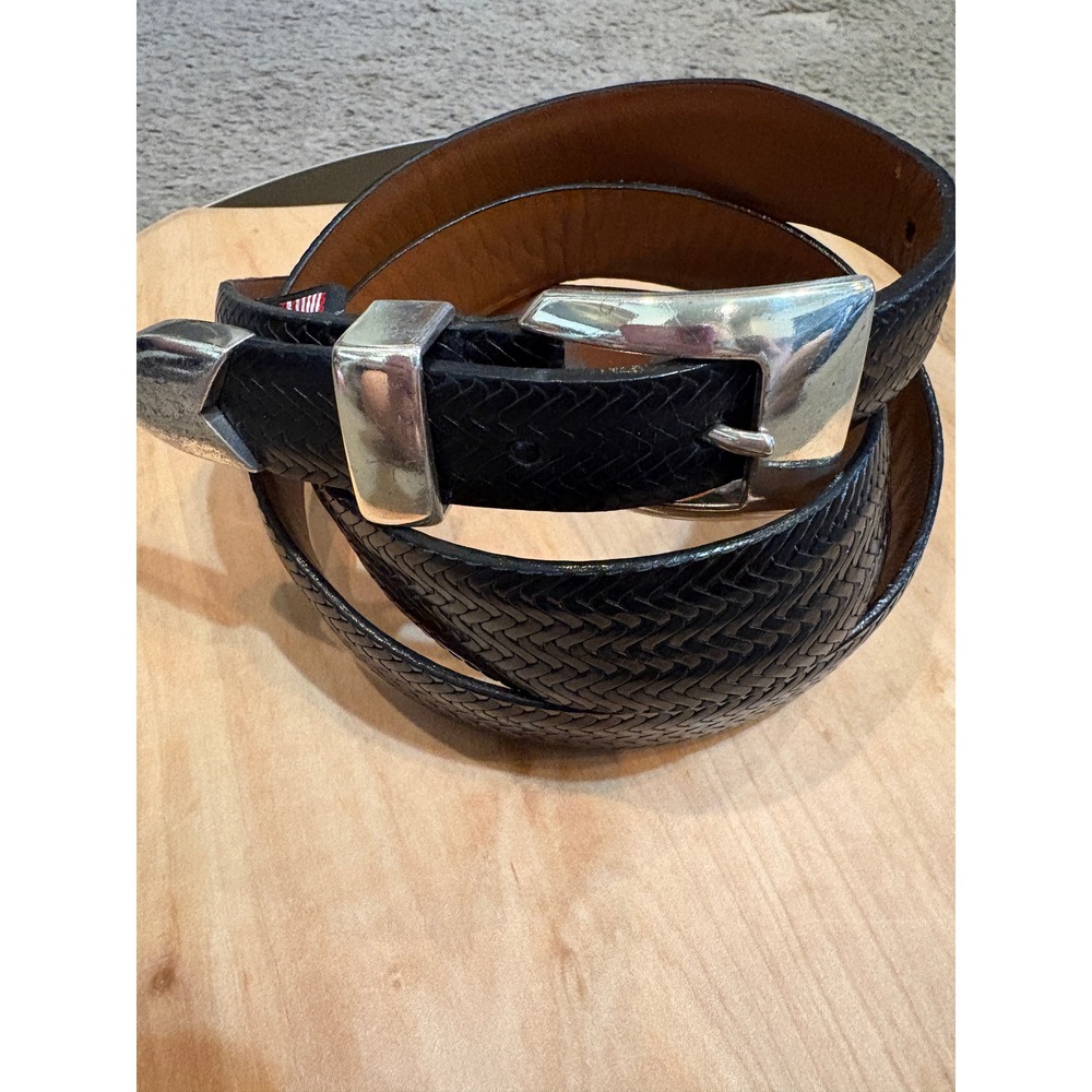 Onyx by Brighton Mens Black Leather Woven Belt Silver Tip Vintage 90s USA 44